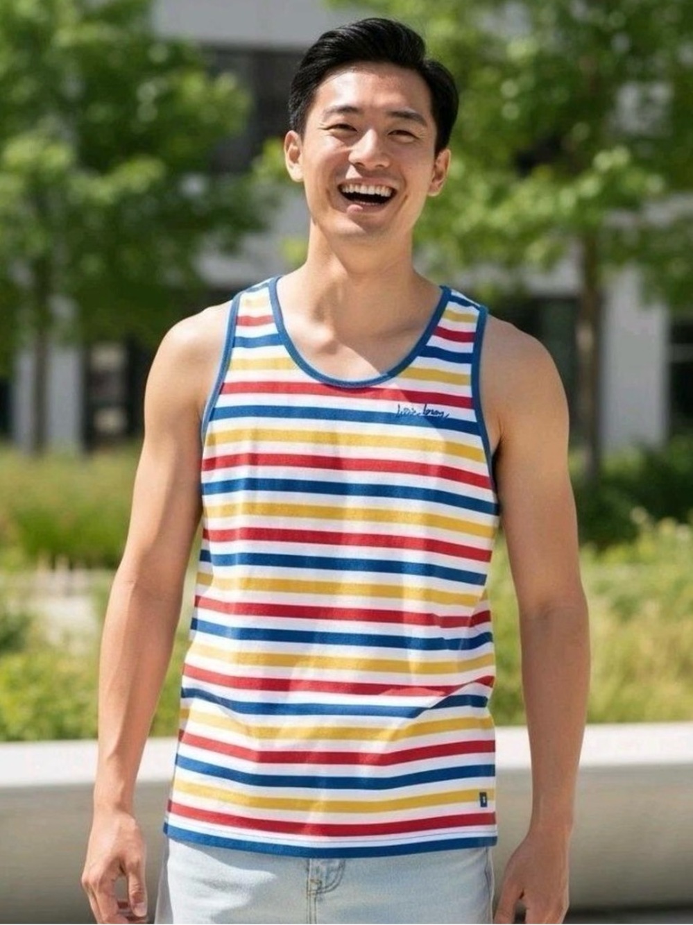Dutch Bros Men's Multicolor Striped Tank - Blue, Red, Yellow
